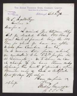Andrew Carnegie   Fantastic Rare letter on Steel 1876  