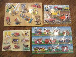 MELISSA AND DOUG WOODEN PEG PUZZLE LOT CARS ANIMALS NUMBERS FARM 
