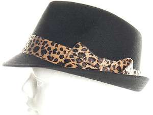   Hat Cap Fedora Stingy Upturn Leopard Beige Brim Fedora w/ Bow Black