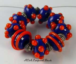 ROA Lampwork 9 Blue & Orange Bump Set Art Beads SRA  