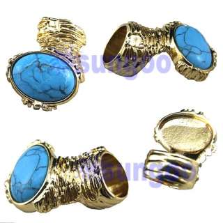   Oval Turquoise Chunky Armor Cross Cage Knuckle Cocktail Ring Gold Tone