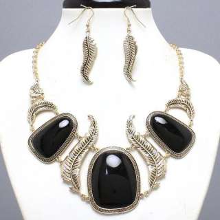 necklace set gold black earings costume jewelry leafs big large stones 