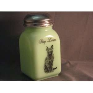  Green Milk Glass Bay Leaves Spice Shaker with Caz the Cat 