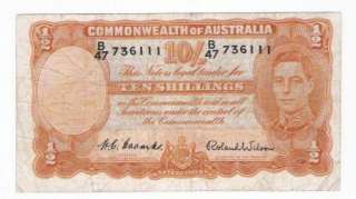 Australia 10 Shillings 1952 aVF Banknote P 25c ERROR  
