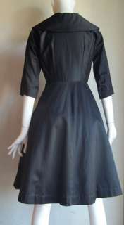   50s NEW LOOK Rayon Full Skirt Dress Black Shirtdress XS B32 94 Sweep