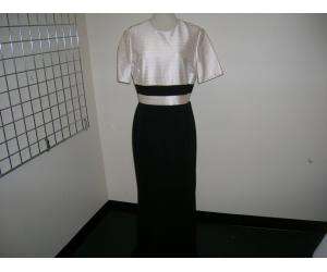 BADGLEY MISCHKA black and ivory gown. top of gown is ribbed ivory 