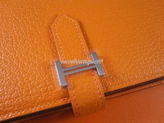 Auth HERMES Orange Goatskin Bearn Wallet Silver H/W NEW  