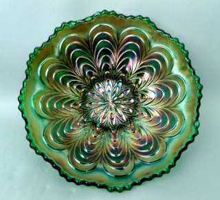 PEACOCK TAIL by FENTON ~ GREEN ICE CREAM SHAPE 6 INCH CARNIVAL GLASS 