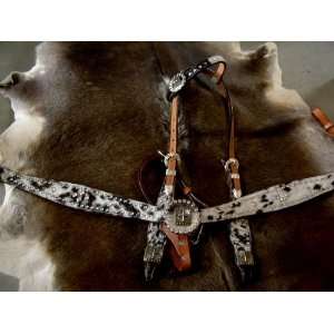   BREAST COLLAR WESTERN LEATHER HEADSTALL ZEBRA HAIRON WITH CROSS BLING
