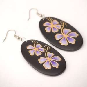  Black oval purple flower earrings coco wood wooden pair 