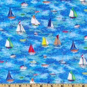  44 Wide Seaside Sailing Boats Blue Fabric By The Yard 