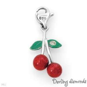  Solid 925 Sterling Silver Cherries Charm w/ Diamond 