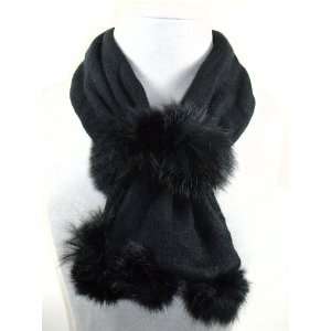  Neck Warmer Scarf With Fur Balls and Button Closure Black 