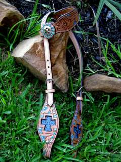 BRIDLE WESTERN LEATHER HEADSTALL TACK BLUE GATOR CROSS  