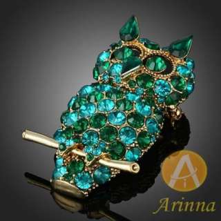 ARINNA blue green night owl twig lovely brooch pin gold GP 18K 