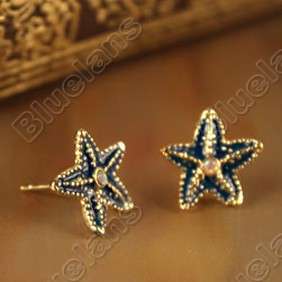 Retro Vintage Blue Starfish Embedded Diamond Ocean Charming Earrings 