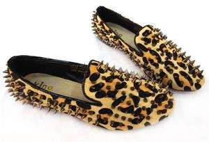 LADIES WOMEN LEOPARD BLACK LOAFERS SHOES FLAT SPIKE PUNK STUDDED POINT 