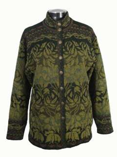 Icelandic Design M Green Lined Nordic Cardigan Sweater Leaf Pattern 