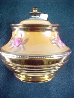 Antique Copper Luster Sugar Bowl Rose Relief  