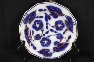   ENGLISH 1920s FLOW BLUE BRUSH STROKE OCTAGONAL GILDED FLORAL PLATES