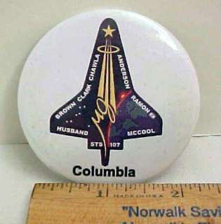   MISSION PIN BACK BUTTON COLUMBIA STS 107 2 INCHES NEW GS5005