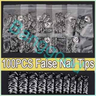 100pcs Zebra Stripe Pattern Acrylic UV Gel Black French False Nail Art 