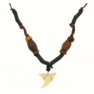 Surf Style Necklace With Sharks Tooth Pendant With Beads On Brown Cord 