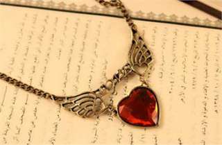 Charm Retro Love Red Heart Stone Angle Wings Necklace x188 great gift 
