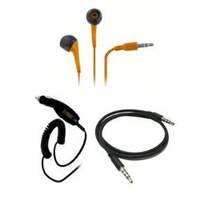   Stereo Earbud Headphones (Orange) + Car Charger + Stereo Auxiliary