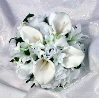 WHITE Calla Lily Lilies Roses BRIDAL Handtied BOUQUET Silk Wedding 
