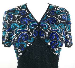 Vtg 80s STENAY Black&Blue Sequin/Bead Evening Dress Sz8  