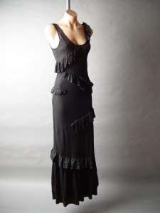 Black Romantic Tiered Asymmetric Ruffle Slim Fit Sleeveless Long Maxi 