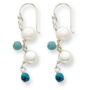 Sterling Silver Cultured Button Pearl/Dyed Howlite/Turquoise Earrings