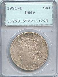 1921 D Morgan Silver Dollar, Old PCGS Rattler Holder, MS 65  