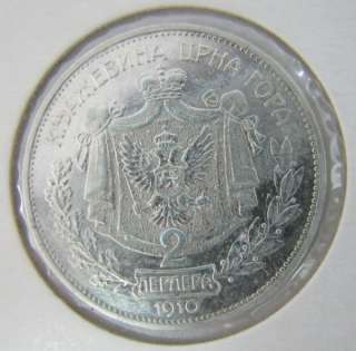 ANTIQUE 1910 MONTENEGRIN SILVER COIN MONTENEGRO 2 TWO PERPERS NICHOLAS 