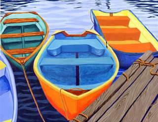 CAPE COD Orange Rowboats Matted Print, Skiffs, Seascape  