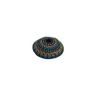  15cm Black Knitted DMC Kippah with Brown, White and Blue 