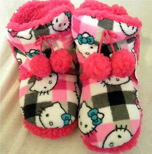   Pink White and Black Hello Kitty Slippers Warm Fluffy Bootie L 9 10