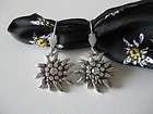 German Dirndl earrings Edelweiss pendant crystal clear silver tone 