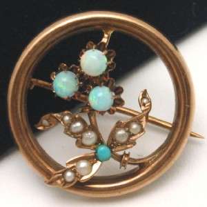 Antique 14k Yellow Gold Circle Pin w/ Seed Pearls & Opals Vintage 