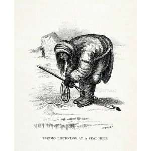  1907 Wood Engraving Hunting Eskimo Seal Hole Hunt Eskimo 