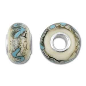  8x14mm Ivory and Blue Silver Lined Lampwork Roundelle 