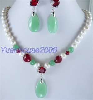 Set white FW pearl red green jade necklace earring  