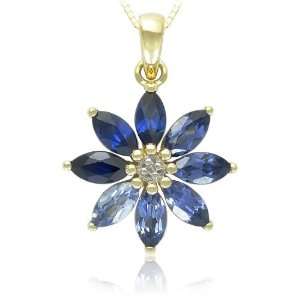 10k Yellow Gold Shades of Created Sapphire and Diamond Accented Flower 