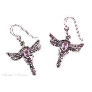  Sterling Silver Marcasite Amethyst Dragonfly Dangle 