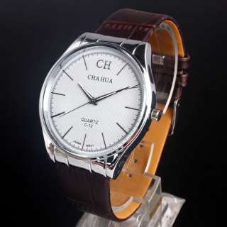 Large Slim Case White Dial Leather Watch Quartz Movt Cool Gift  