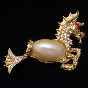 Sea Dragon Seahorse Pin Vintage Rhinestones Faux Pearl Belly Brooch 