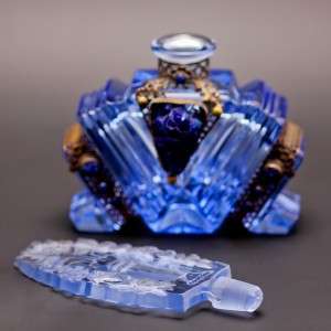   Art Deco Czech Lapis Lazuli Crystal Metalwork Art Glass Perfume Bottle