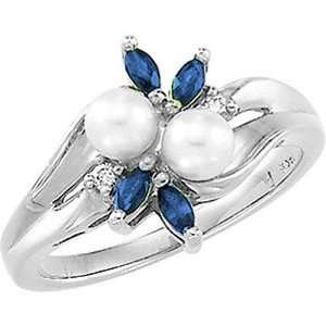   White Gold Akoya Cultured Pearl, Sapphire and Diamond Ring Jewelry