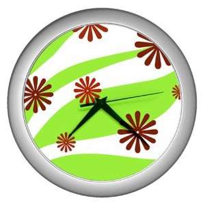  Lime & Red Floral Wall Clock (Silver)
